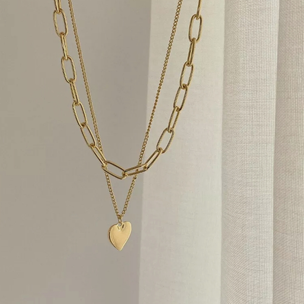 Double Layer Women Jewelry Gold Heart Charms Pendant Necklace New - Picture 10 of 11